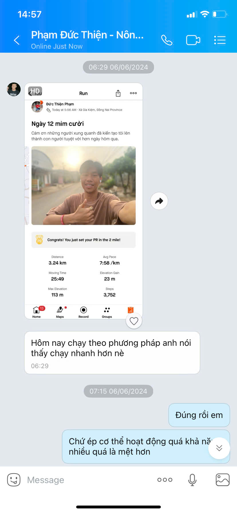 Học viên Thiện - PR sau khi chạy đúng phương pháp